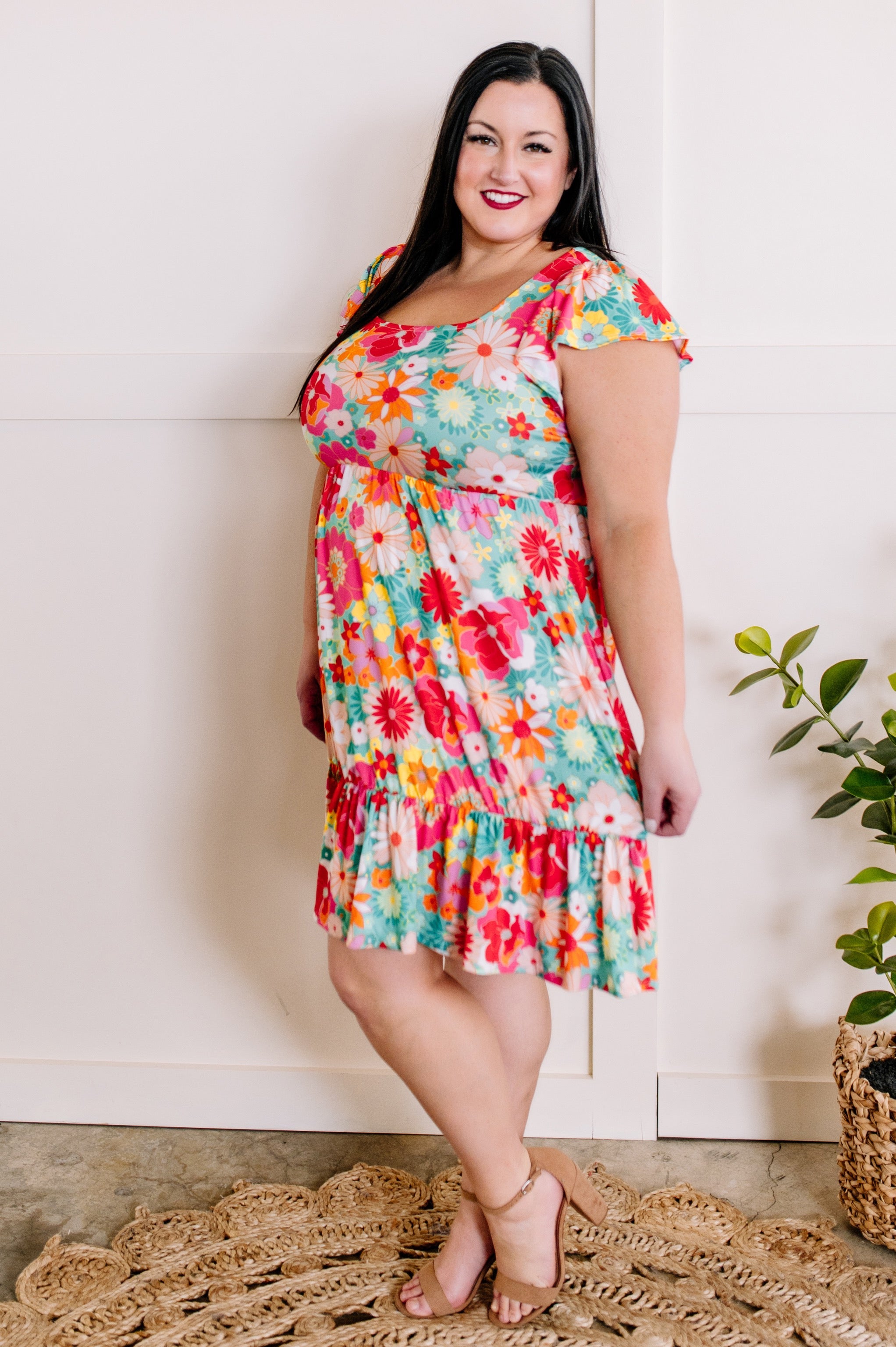 1.24 Square Neck Flutter Sleeve Dress In Bright Under The Sea Florals